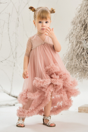 Pink Chantilly - Girl dress with train and silk lace