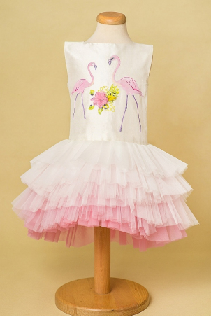 Two Flamingos - Hand painted dress with uneven ruffles