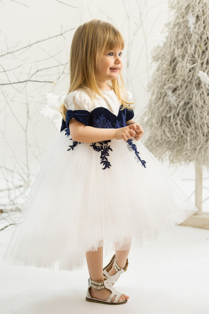 Blue Sapphire - 6&9 months sizes - Baby Girl Dress with trail and lace OUTLET