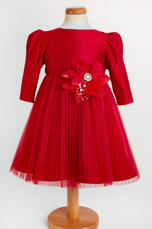 Red Flower - Elegant dress with pleated tulle and feather decoration