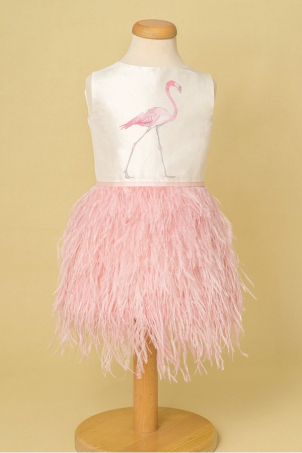 Pink Flamingo - Rochie eleganta cu flamingo si pene de strut
