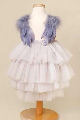 Silver Angel - Tutu dress with uneven ruffles and feather wings