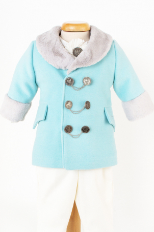 Blue Tzarevici - Light Blue overcoat with ecological grey fur collar