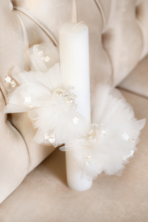 Trusou Rose Pearls - Lumanare de botez extravaganta, decorata cu tul si perle ivoire
