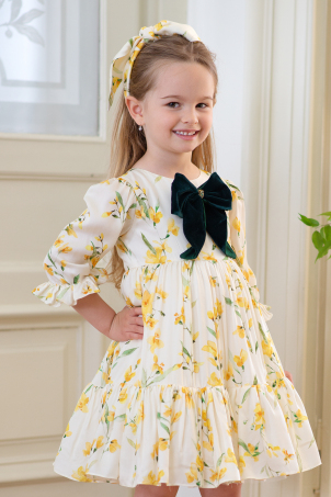 Iris - Light girl dress with cheerful floral print and velvet details
