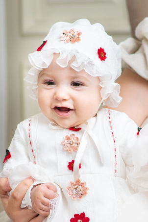 The Garden of Flowers - Ivory silk veil christening hat with ruffles and flowers for girls