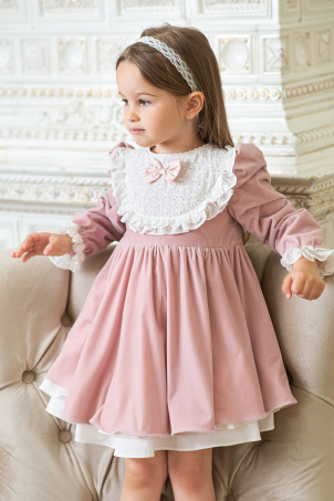 Odesa - Elegant pink velvet dress for girls, with ivory lace details