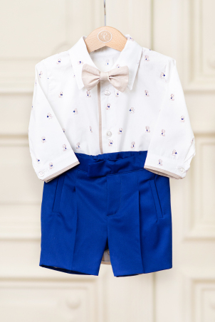 Little Blue - Costum haios pentru baieti, cu pantaloni scurti albastru regal si camasa cu catelusi