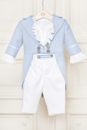 Blue Dream - Blue christening suit for boys with frock-coat, jabot shirt Blue Dream - Blue christening suit for boys with frock-coat, jabot shirt