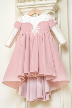 Ice Queen - Soft velvet and silk train dress for little girls, decorated with lace