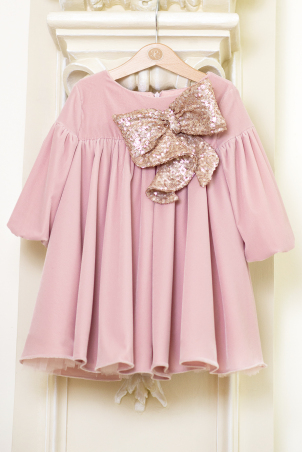 Pink Bow Sparkle - Special Occasion dress made from soft velvet and decorated with an oversized sequins bow