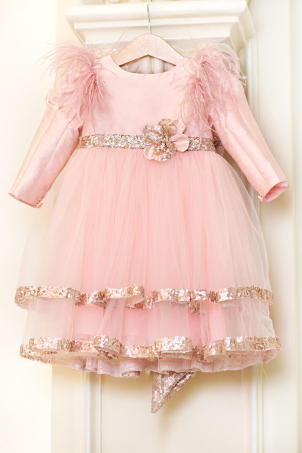 Pink Rose -  Party dress with ostrich feathers, sequins and oversized bow