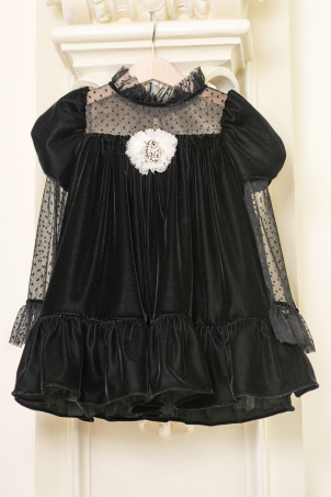 Shining Night - Elegant black velvet dress with polka dots tulle and a hand crafted broch
