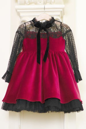 Velvet Dreams - Spectacular velvet dress with silk Chantilly lace and polka dots tulle