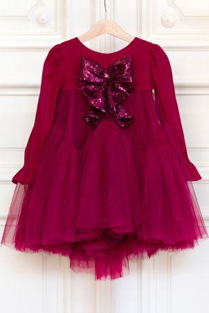 Bordeaux Glitters - Special Occasion tutu dress with delicate sleeves and sequins bow