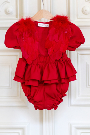 Scarlet Angel - Body rosu pentru fetite cu volane si aripi de inger