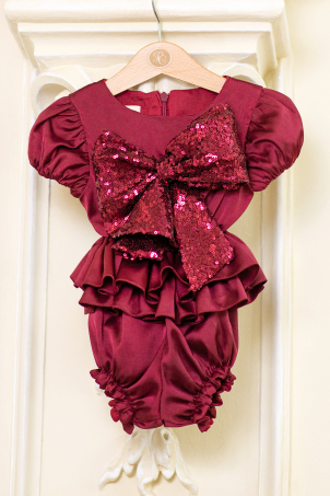 Bordeaux Glitters - Body for baby girls and toddlers, decorated with ruffles and sequins bow
