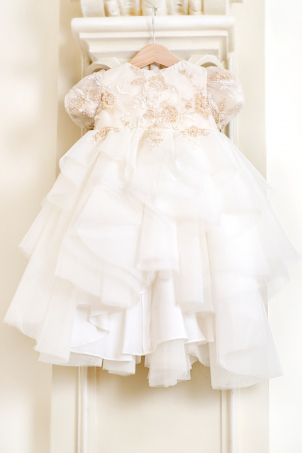 Drops of Gold - Delicate tutu dress with pearl lace and train