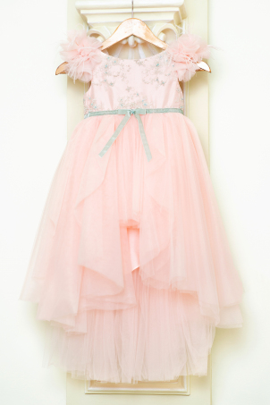 Belle Fay - Pale Pink tutu dress with grey lace and tulle pompons