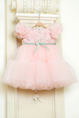 Petite Belle Fay - Sweet pale pink tutu dress, with gray lace and tulle pompons