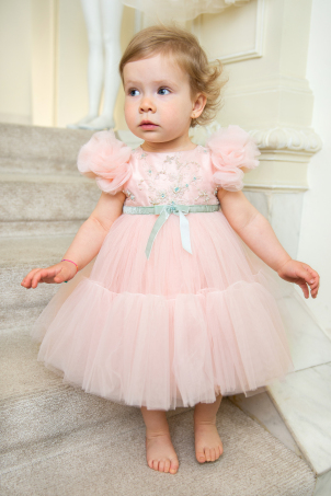 Petite Belle Fay - Sweet pale pink tutu dress, with ivory lace and tulle pompons