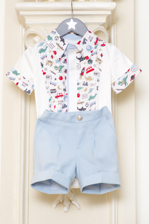 Little Dinosaur - Cheerful summer suit for baby boys and toddlers, baby blue color with animations fabric