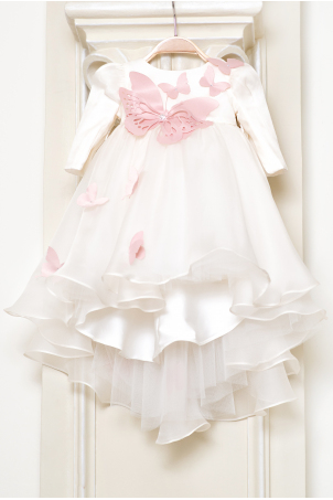 Pink Blush -  Delicate dress with train, silk organza and decorated with butterflies