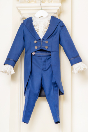 Blue Dream -  Blue christening suit for boys with frock-coat, jabot shirt