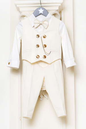 White Gordon - Classic suit with a beautiful ivory waistcoat decorated with golden buttons and a delicate chain White Gordon - Classic suit with a beautiful ivory waistcoat decorated with golden buttons and a delicate chain