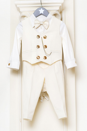 White Gordon - Costum baieti elegant clasic ivoire, cu vesta si detalii chic aurii