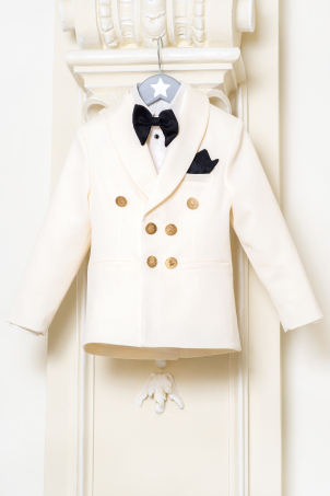 Prince Charming - Sacou elegant clasic baieti, alb/ivoire, cu nasturi aurii