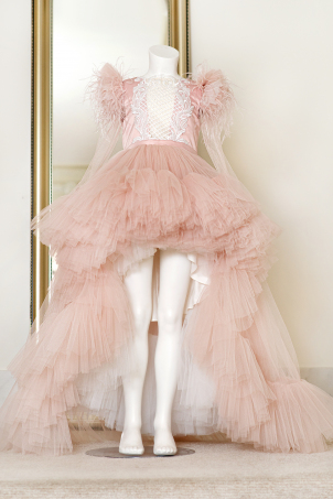 Queen of the Ball - Pink asymmetric tutu dress with ivory lace and train