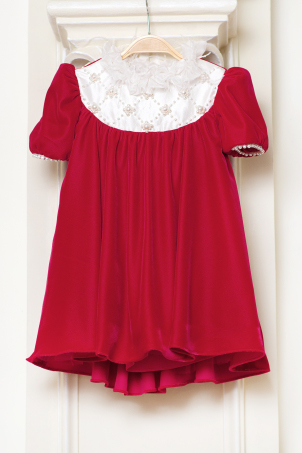 Red Pearls - Precious dress made from soft velvet with a beautiful pearls decorated bodice