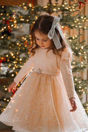 Happily Ever After - Cream - Shiny dress with long sleeves and oversized bow