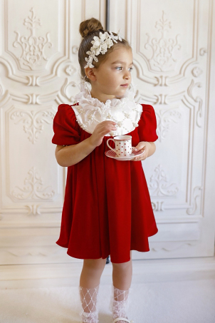 Red Pearls - Precious dress made from soft velvet with a beautiful pearls decorated bodice