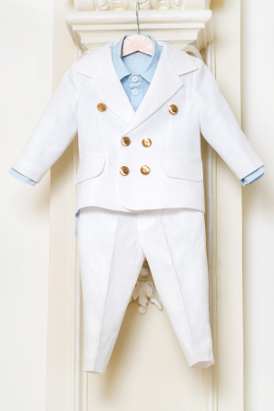 Cielito - Costum elegant copii, de vara, alb bleu, din in