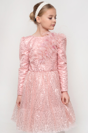 Pink Glamour - Beautiful sequins dress for girls, with feathers and a bow