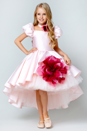 Cotton Candy -  Pink asymmetric tutu dress decorated with hand crafted oversized flower