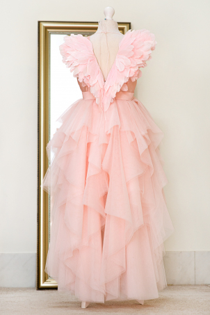 Pink Bird - Girl spectacular tulle dress with train and handmade feather wings  on the back