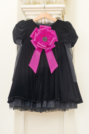 Black Dhalia - girl velvet dress, decorated with fuchsia hand made flower