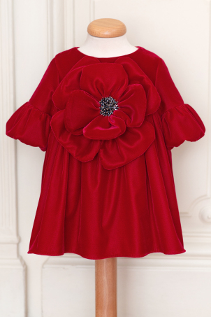 Petite Elegant Poppy - girl velvet dress, decorated with fa velvet flower and black rhinestones