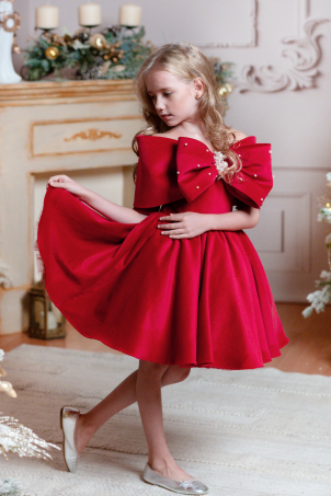 Bows and Pearls - Elegant velvet dress with over shoulder bow and pearls