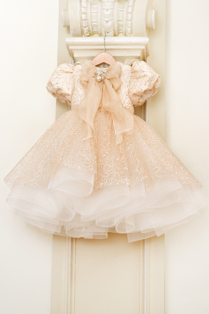 Golden Glittering Stars - Sparkling lace dress with a silk bow and pearls