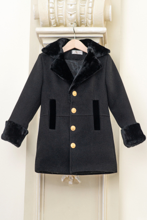 Holiday Wishes - Black winter coat with ecological fur and gold buttons