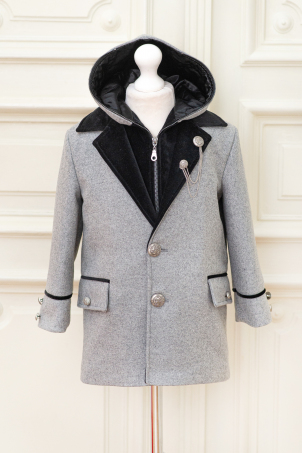 Gray Winter - Palton baieti stofa gri cu gluga si detalii negre si accesorii metalice