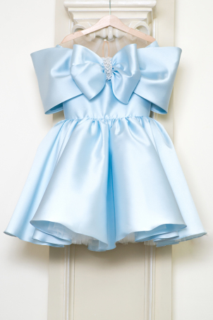 Melody - Elegant blue taffeta dress with bow over shoulders