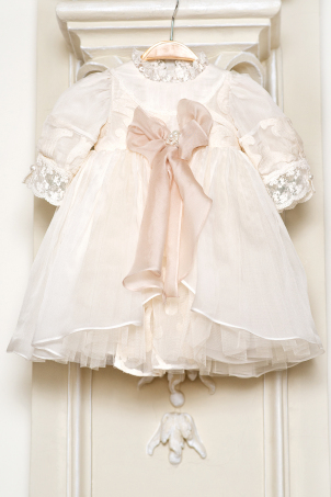 Little Victoria - Cream Christening dress made from embroidered silk veil and decorative pearls