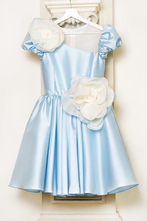 Blue Rose  - Girl blue taffeta dress, decorated with flowers and  pearls