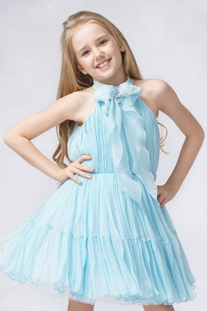 Summer Blue - Elegant dress for girls, made of silk chiffon, decorated with elegant bow and transparent rhinestones