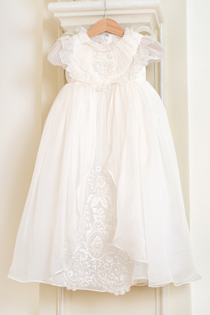 Aria - Christening Gown - Ivory Silk Chiffon Dress with Delicate and Precious Beads Lace